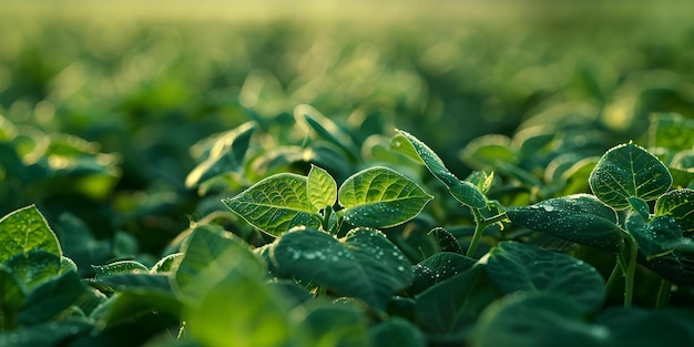 Fotografia macro das partes internas de uma planta de soja verde em meio a fileiras de plantas de soja Conceito Fotografia macro Agricultura de planta de soia verde Agricultura CloseUp Shot