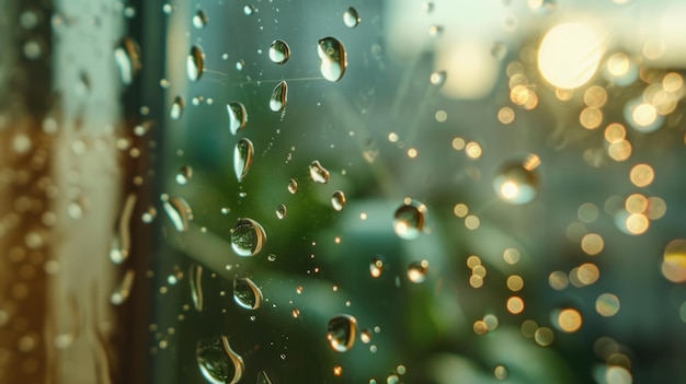 Fotografia macro de gotas de chuva rolando pelo vidro gerador de IA