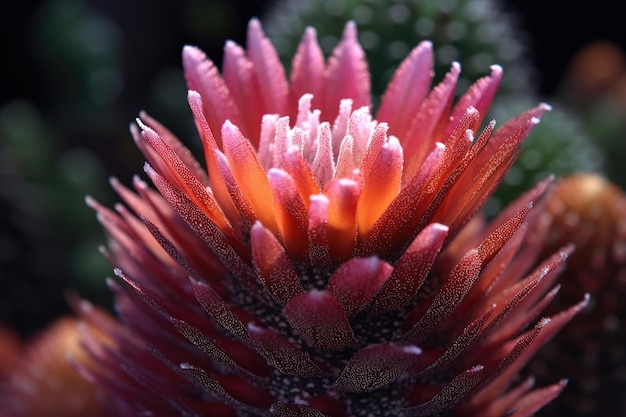 Fotografia macro de intrincadas flores de cactus e espinhos criados com AI generativa