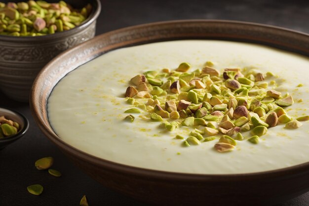 Foto fotografia macro de kheer sendo espalhado com pistaches triturados