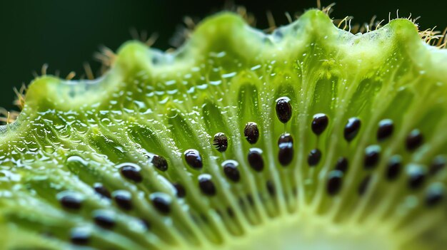 Foto fotografia macro de kiwi fresco a polpa suculenta e as sementes pretas do kiwi são claramente visíveis