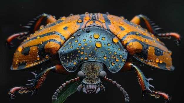 Fotografia macro de um besouro colorido coberto de gotas de orvalho