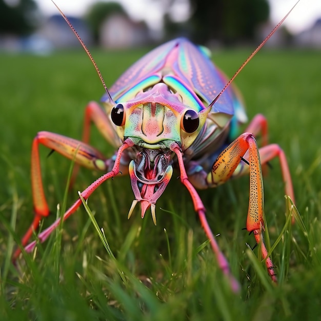 Fotografia macro de um gafanhoto colorido na grama