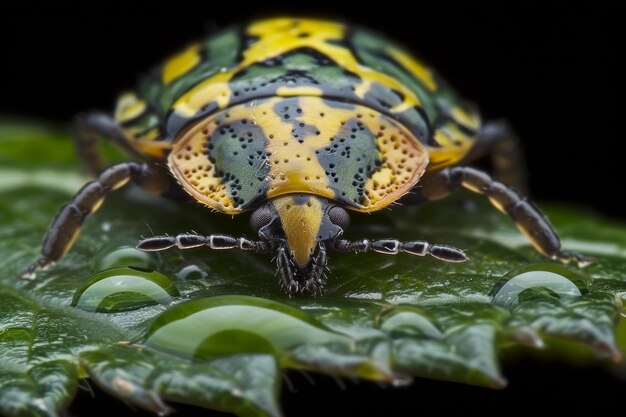 Foto fotografia macro de um inseto verde-amarelo olhando diretamente para a câmera sentado em uma folha verde orvalho