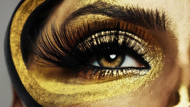 Foto fotografia macro de um olho de mulher com pálpebras falsas e maquiagem dourada amarela