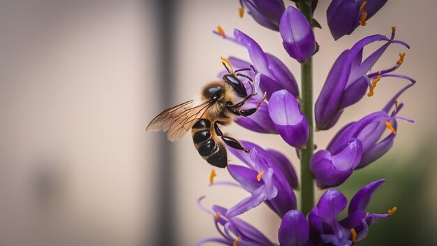 Foto fotografia macro de uma abelha em uma flor roxa exótica com uma parede desfocada