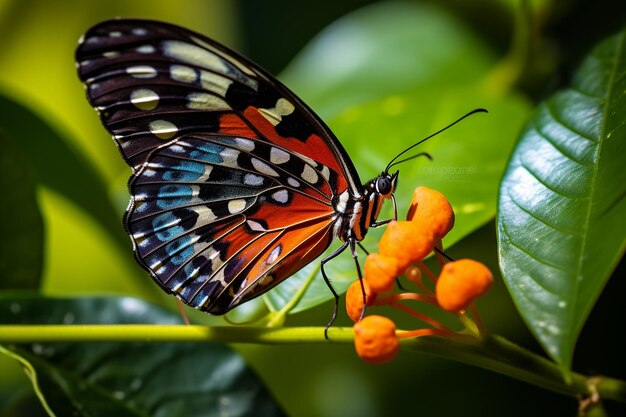 Fotografia macro de uma borboleta colocando ovos em uma planta de alga.