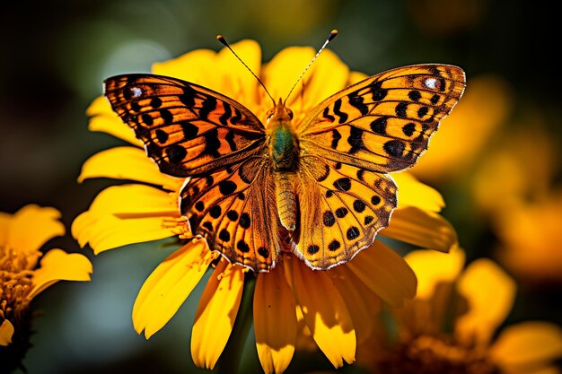 Fotografia macro de uma borboleta com pernas delicadas agarrando uma flor