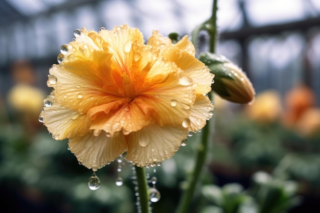 Fotografia macro de uma flor em flor em estufa criada com IA generativa