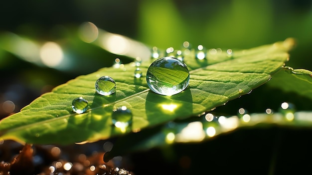 Fotografia macro de uma gota de orvalho em uma folha refletindo o sol da manhã detalhe intrincado