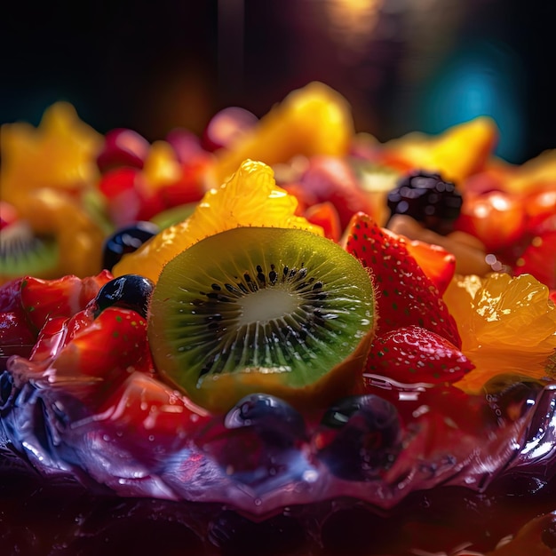 Fotografia macro de uma imagem de salada de frutas criada com IA