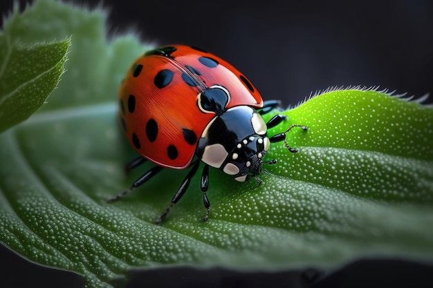 Fotografia macro de uma joaninha em uma folha