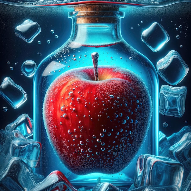 fotografia macro de uma maçã debaixo d'água dentro de uma garrafa de água mineral