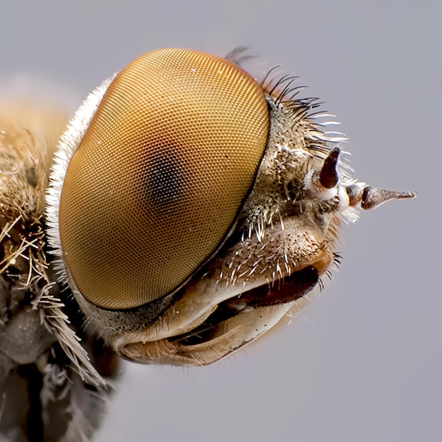 Fotografia macro de uma mosca contra um fundo cinzento