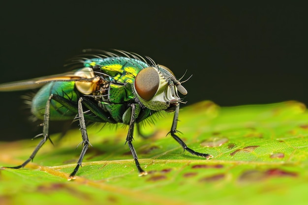 Fotografia macro de uma mosca de garrafa verde em uma folha Vida de insetos na natureza