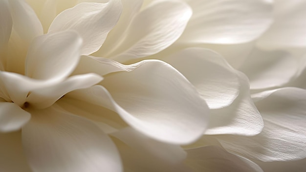 Fotografia macro detalhada de pétalas de flores brancas iluminadas por luz suave e natural, gerada por IA.