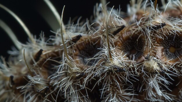Fotografía macro detallada de las barras de bardana de Arctium capturando pequeños ganchos que fijan las semillas en el pelaje de las criaturas que pasan