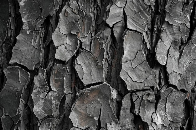 Fotografía macro detallada de patrones de corteza de árboles de un antiguo bosque monocromático