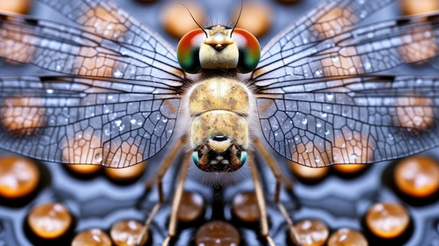 Fotografía macro de los detalles intrincados en las alas de una libélula creada con tecnología de IA generativa