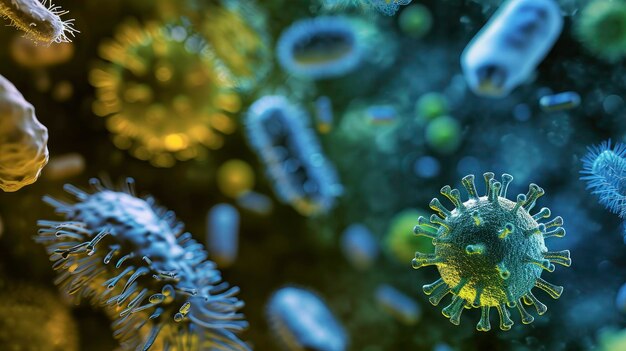 Fotografía macro de diferentes tipos de microbios, células de virus y bacterias en un fondo abstracto