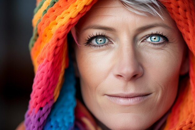 Fotografia macro em close-up do rosto de uma mulher com maquiagem colorida com padrão de arco-íris