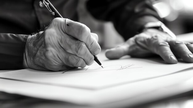 Fotografía macro en escala de gris de la mano de una persona mayor con un bolígrafo firmando un documento