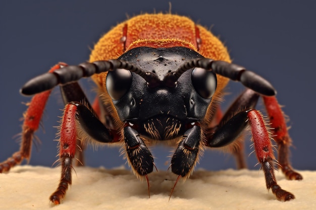 Fotografía macro de un escarabajo en la arena aislado sobre un fondo azul