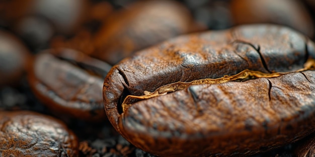 Fotografía macro extrema de granos de café tostados frescos