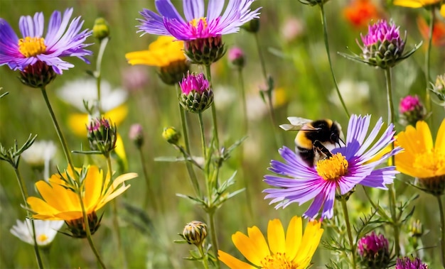 Fotografía macro de una flor colorida con una abeja y gotas de rocío