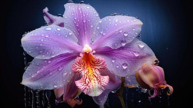 Fotografía macro de una flor de orquídea blanca púrpura que florece con gracia