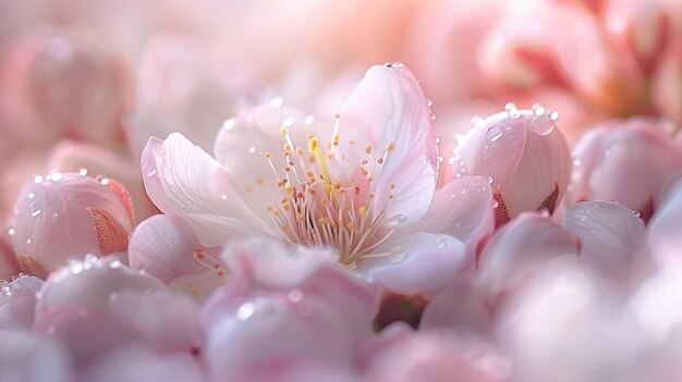 Fotografía macro de una flor rosada con gotas de agua