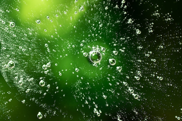 Foto fotografía macro del gel cosmético transparente con burbujas en el interior. color verde metálico.