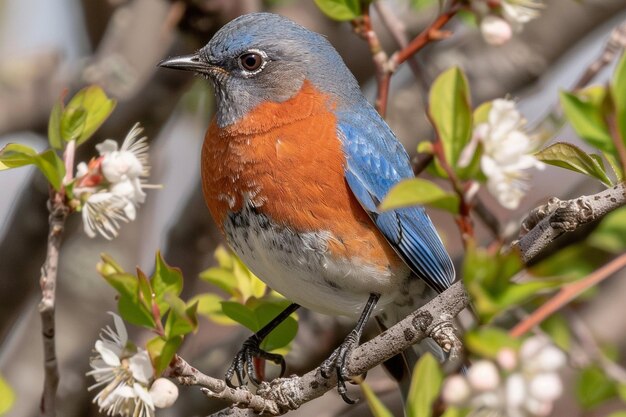 Fotografía macro del hermoso pájaro azul en una rama de un árbol