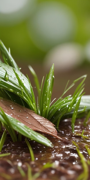 Fotografía macro de hierba y hoja.