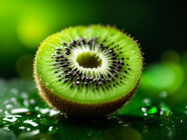 Fotografía macro de un kiwi que muestra la semilla negra