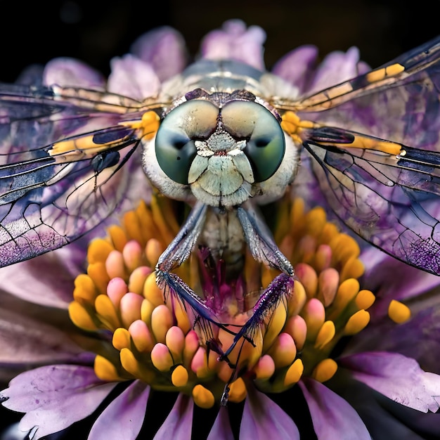 Fotografía macro de una libélula en medio de una flor