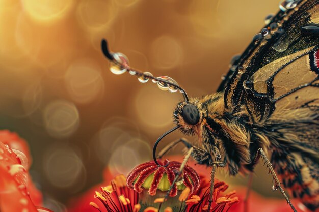 Fotografía macro de mariposa en amapola con gotas de agua