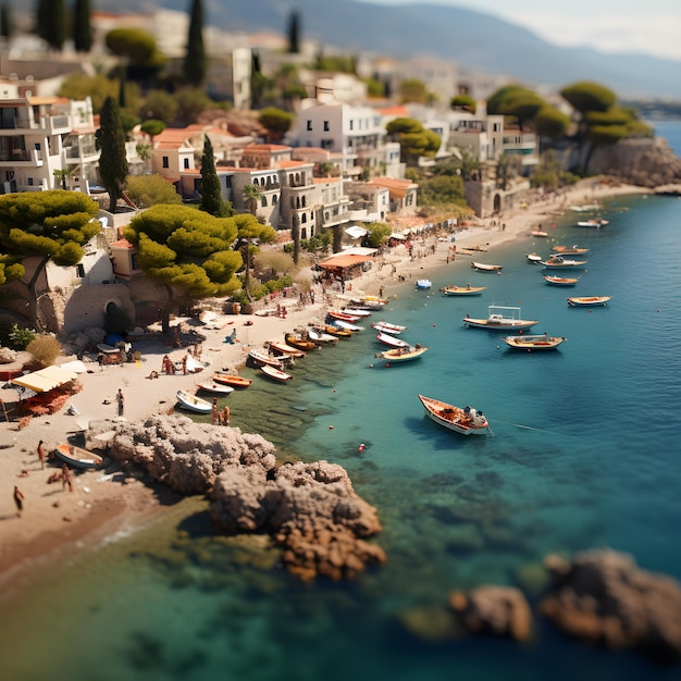 Fotografía macro en miniatura sobre la hermosa playa costera con ciudad y mar durante unas vacaciones