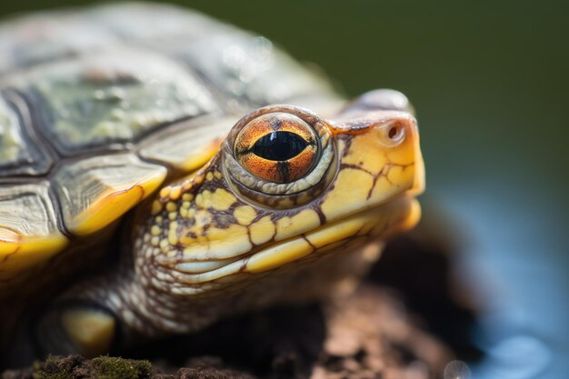 Fotografía macro de un ojo de tortuga tomando el sol en un tronco