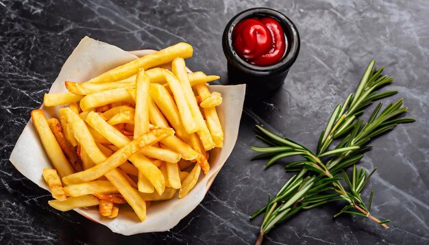 Fotografía macro de papas fritas en mármol negro con ketchup y ramitas de romero vista superior