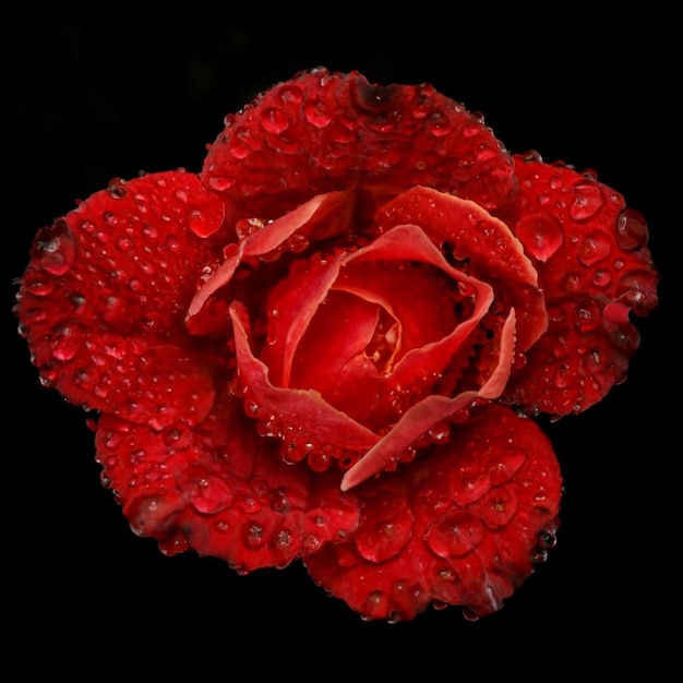 Fotografía macro de pétalos de rosas rojas vibrantes cubiertos de rocío sobre un fondo negro