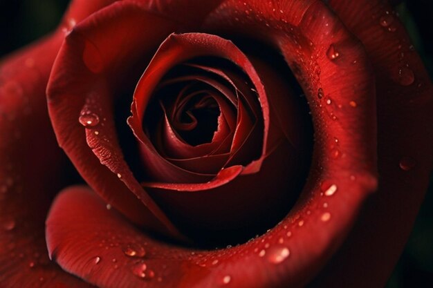 Fotografía macro de pétalos de rosas rojas vibrantes cubiertos de rocío sobre un fondo negro