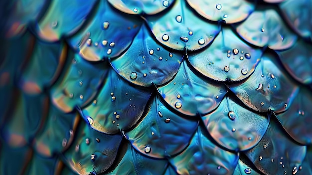 Fotografía macro de una piel de dragón azul con gotas de agua