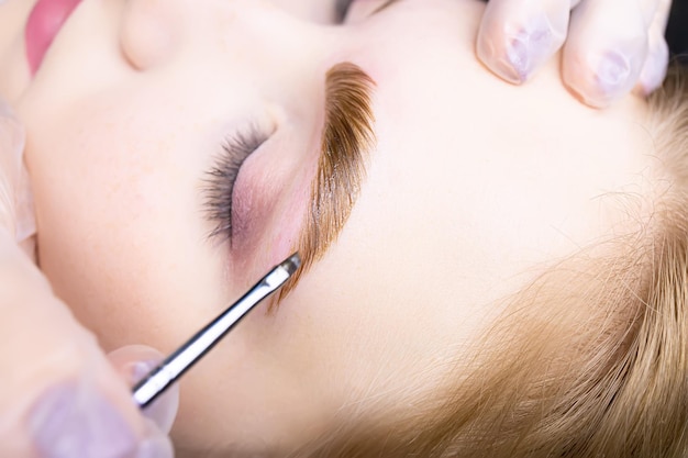 Fotografía macro con pintura aplicada en los pelos de las cejas del modelo después del procedimiento de composiciones de peinado de cejas a largo plazo.