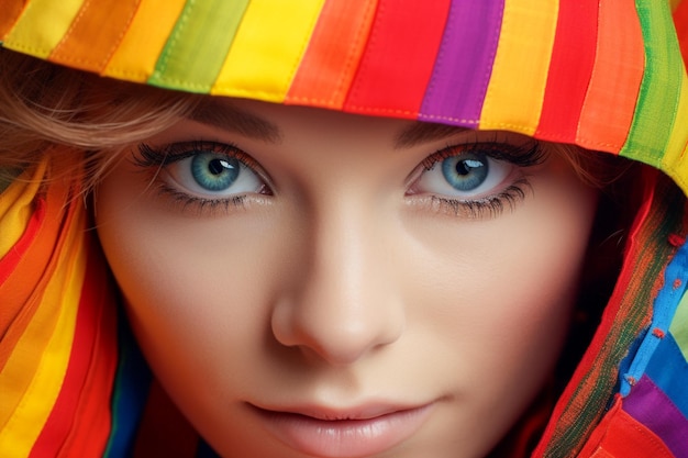 Fotografía macro de primer plano de la cara de la mujer con maquillaje de patrón arco iris colorido