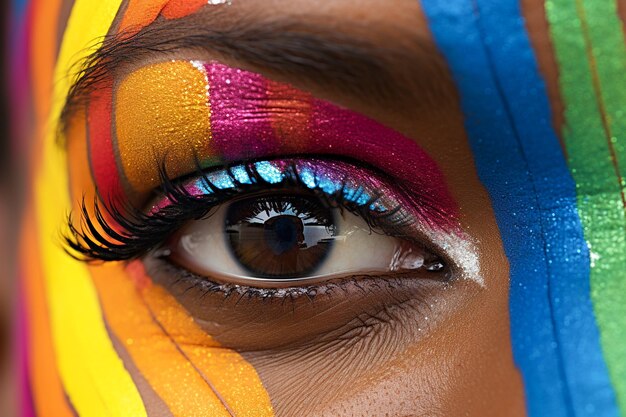 Fotografía macro de primer plano de la cara de la mujer con maquillaje de patrón arco iris colorido