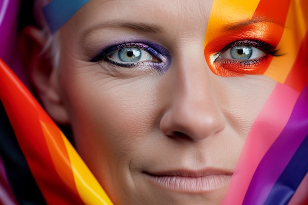 Fotografía macro de primer plano de la cara de la mujer con maquillaje de patrón arco iris colorido