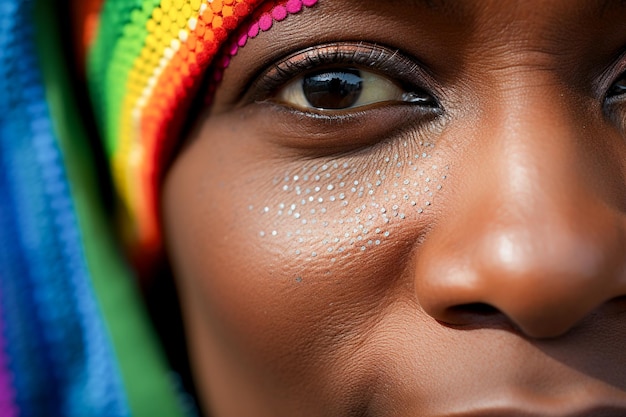 Fotografía macro de primer plano de la cara de la mujer con maquillaje de patrón arco iris colorido