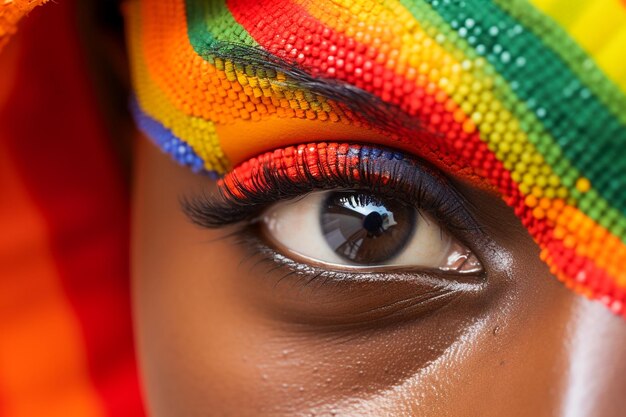 Fotografía macro de primer plano de la cara de la mujer con maquillaje de patrón arco iris colorido