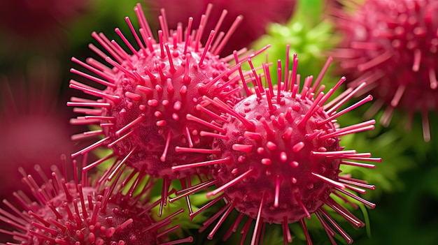 Fotografía macro de primer plano del virus Corona de la flora roja y rosa en primavera resaltando la belleza